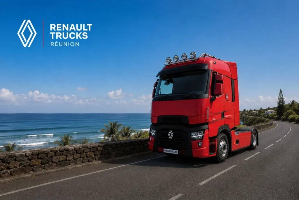Tracteur routier Renault Trucks T rouge en circulation sur la route côtière de La Réunion, vue panoramique sur l'océan et palmiers tropicaux