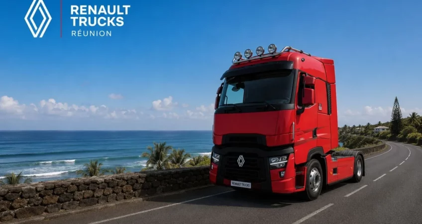 Tracteur routier Renault Trucks T rouge en circulation sur la route côtière de La Réunion, vue panoramique sur l'océan et palmiers tropicaux