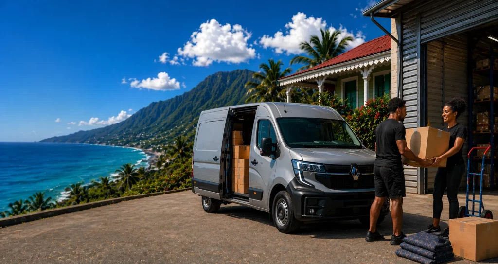 Fourgon Renault Master gris ouvert chargé de cartons, couple de déménageurs souriants devant un entrepôt avec vue sur le littoral et les montagnes de La Réunion