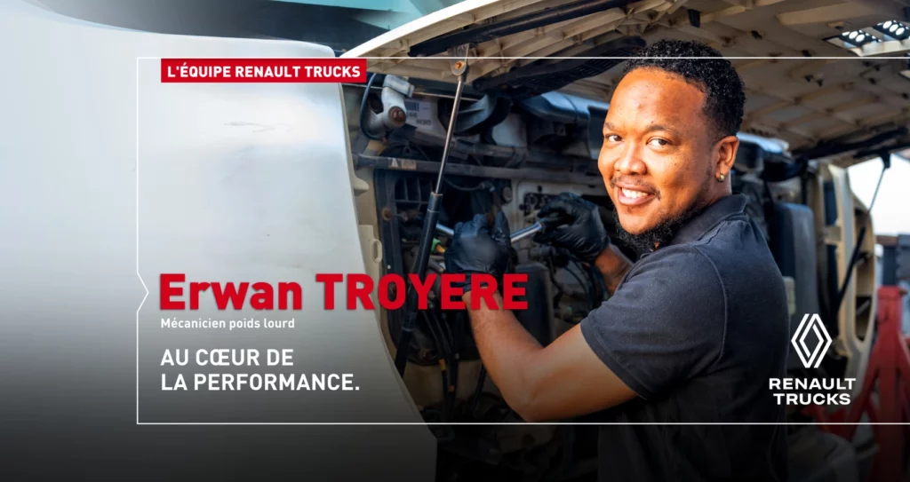 Erwan Troyere, mécanicien poids lourd, en intervention sur un moteur de camion dans l'atelier Renault Trucks à La Réunion