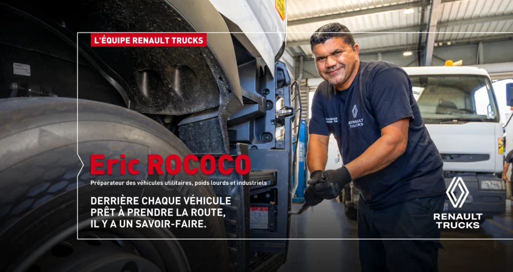 Eric Rococo, préparateur de véhicules utilitaires, poids lourds et industriels, au travail dans l'atelier Renault Trucks à La Réunion